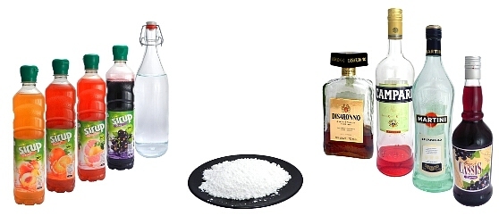 Liqueur, syrup and sugar powder