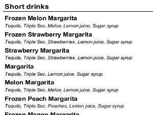Drinks menu: Style list
