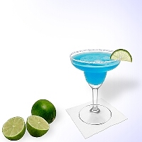 Blue margarita served in a margarita glass with lime slice a sugar or salt rim.