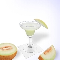 Frozen Melon Margarita served in a margarita glass with a slice of melon and a sugar or salt rim.