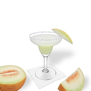 Frozen Melon Margarita served in a Margarita glass with a piece of melon and sugar or salt rim, the common way of presenting that fruity tequila cocktail.