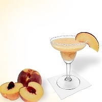 Frozen Peach Margarita served in a margarita glass with a piece of peach and a sugar or salt rim.