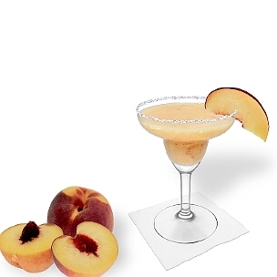 Frozen Peach Margarita served in a Margarita glass with a slice of peach and sugar or salt rim, the common way of presenting that fruity tequila cocktail.
