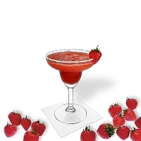 Frozen Strawberry Margarita served in a margarita glass with strawberry decoration and a sugar or salt rim.