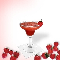 Frozen Strawberry Margarita served in a margarita glass with strawberry decoration and a sugar or salt rim.
