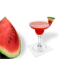 Frozen Watermelon Margarita served in a margarita glass with watermelon decoration and sugar or salt rim.