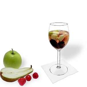 Fruit Punch served in a red wine glass, the most common way of presenting that delicious party mixture.