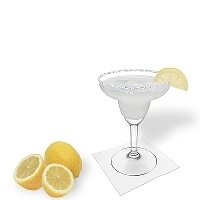 Margarita served in a margarita glass with lemon decoration and a sugar or salt rim.