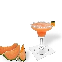 Melon Margarita served in a margarita glass with melon decoration and a sugar or salt rim.