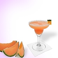 Melon Margarita served in a margarita glass with melon decoration and a sugar or salt rim.