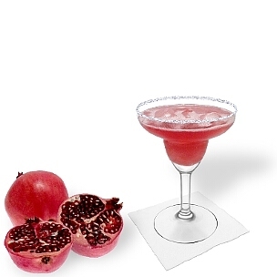 Pomegranate Margarita served in a Margarita glass with sugar or salt rim, the common way of presenting that fruity tequila cocktail.