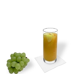 Sangria Blanca served in a long-drink glass, the most common way of presenting that fruity wine drink from Spain.