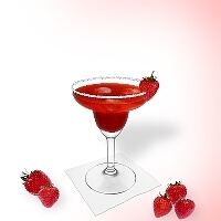 Strawberry Margarita served in a margarita glass with strawberry decoration and a sugar or salt rim.