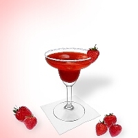 Strawberry Margarita served in a margarita glass with strawberry decoration and a sugar or salt rim.