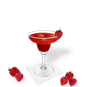 Strawberry Margarita served in a Margarita glass with a strawberry and sugar or salt rim, the common way of presenting that fruity tequila cocktail.