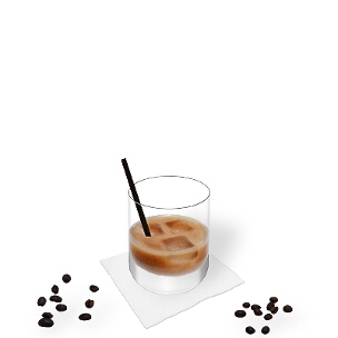 White Russian served in a whiskey glass with a long-drink stick, the common way of presenting that delicious winter cocktail.